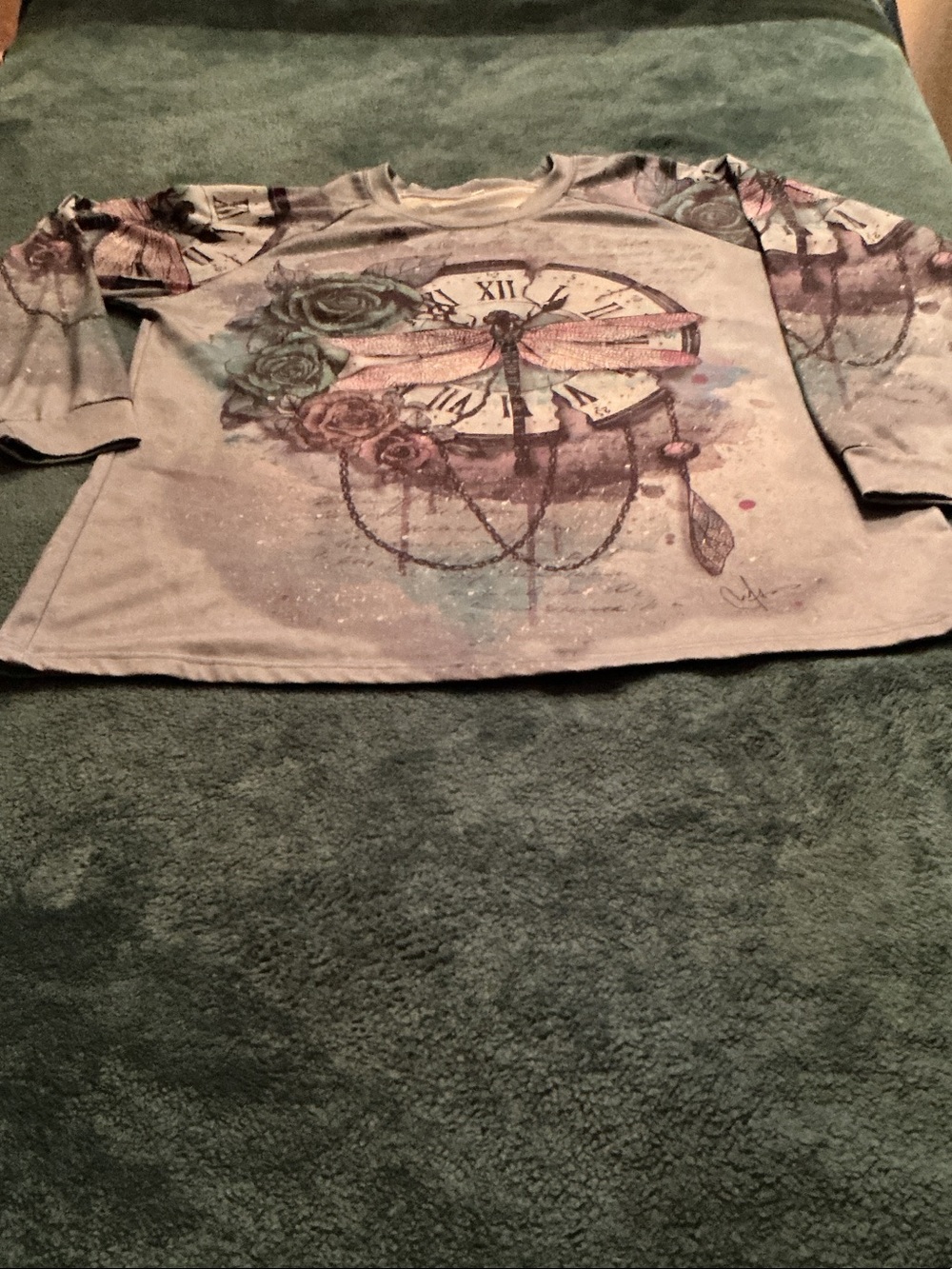 Woman’s Graphic Long-Sleeve Top with Clock & Dragonfly Design - Gray